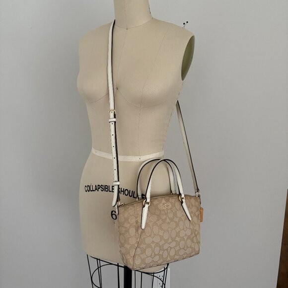 COACH Mini KELSEY Signature Logo Satchel Crossbody Light Khaki/Chalk Bag - Picture 2 of 10